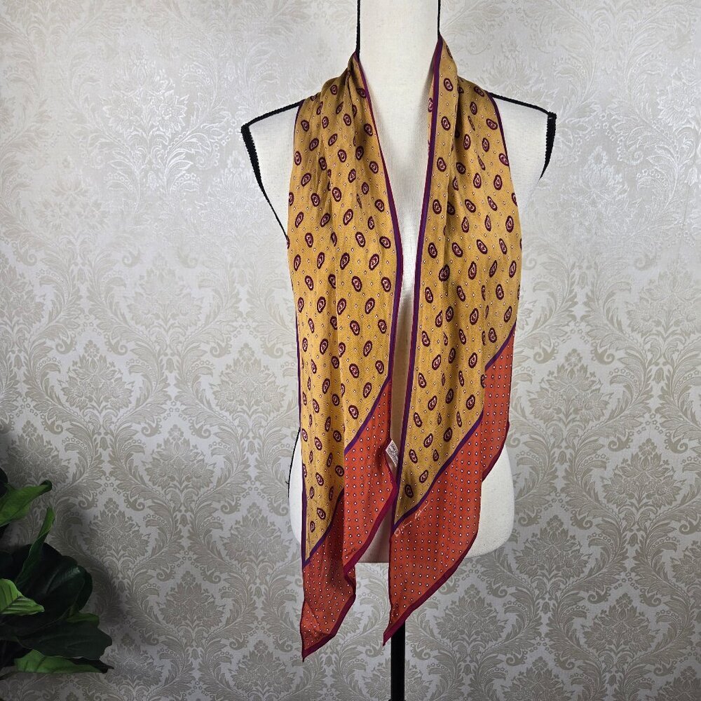 Vintage Anne Klein Oblong Scarf Mustard Yellow Dk Red Pointed Ends Rolled Edges